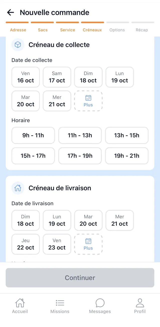 Sélection des créneaux de collecte et de livraison